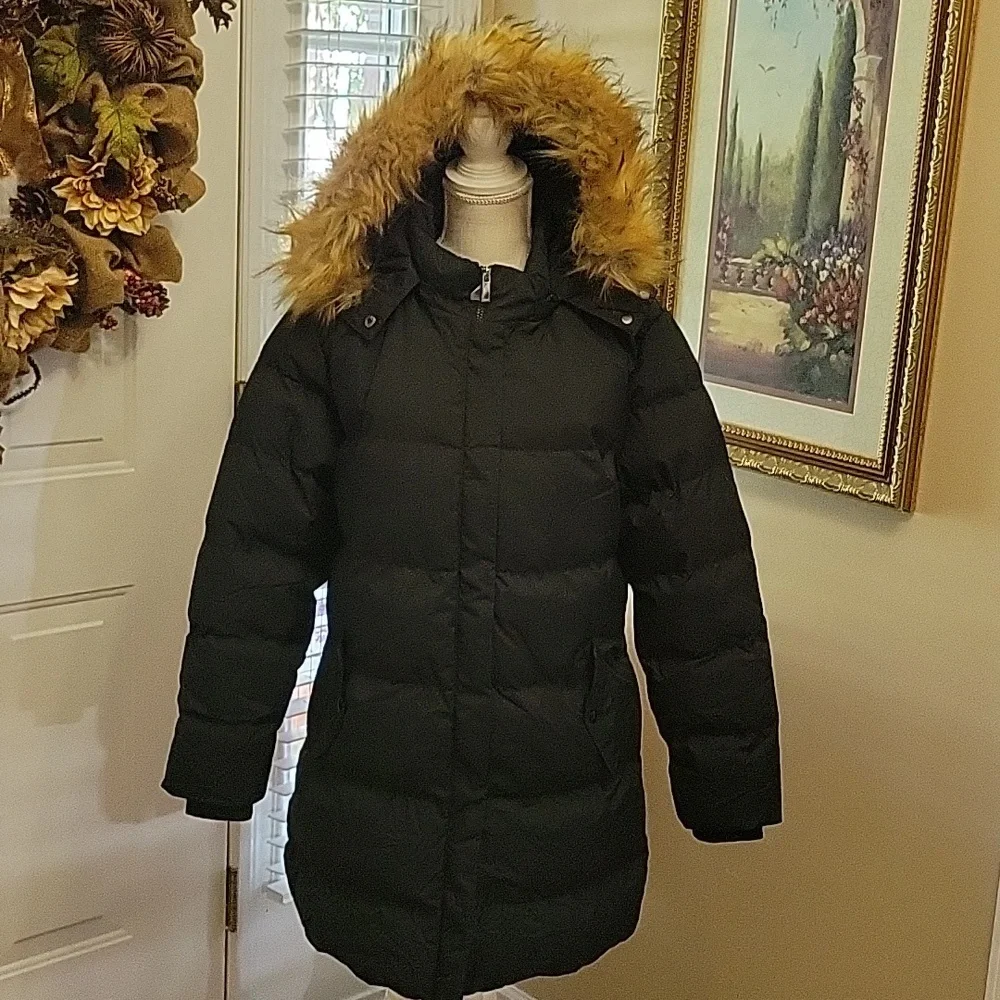 WenVen black puffer coat jacket faux fur removable hood waterproof Medium New…